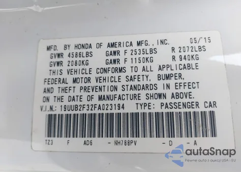 2015 Acura Tlx V6 из США, поврежденный, VIN 19UUB2F32FA023194